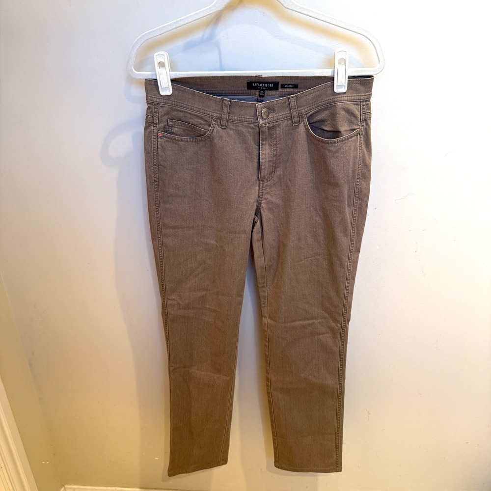 Lafayette 148 New‎ York Wooster Slim Leg Pants Taupe Brown Size 6 Stretch Denim